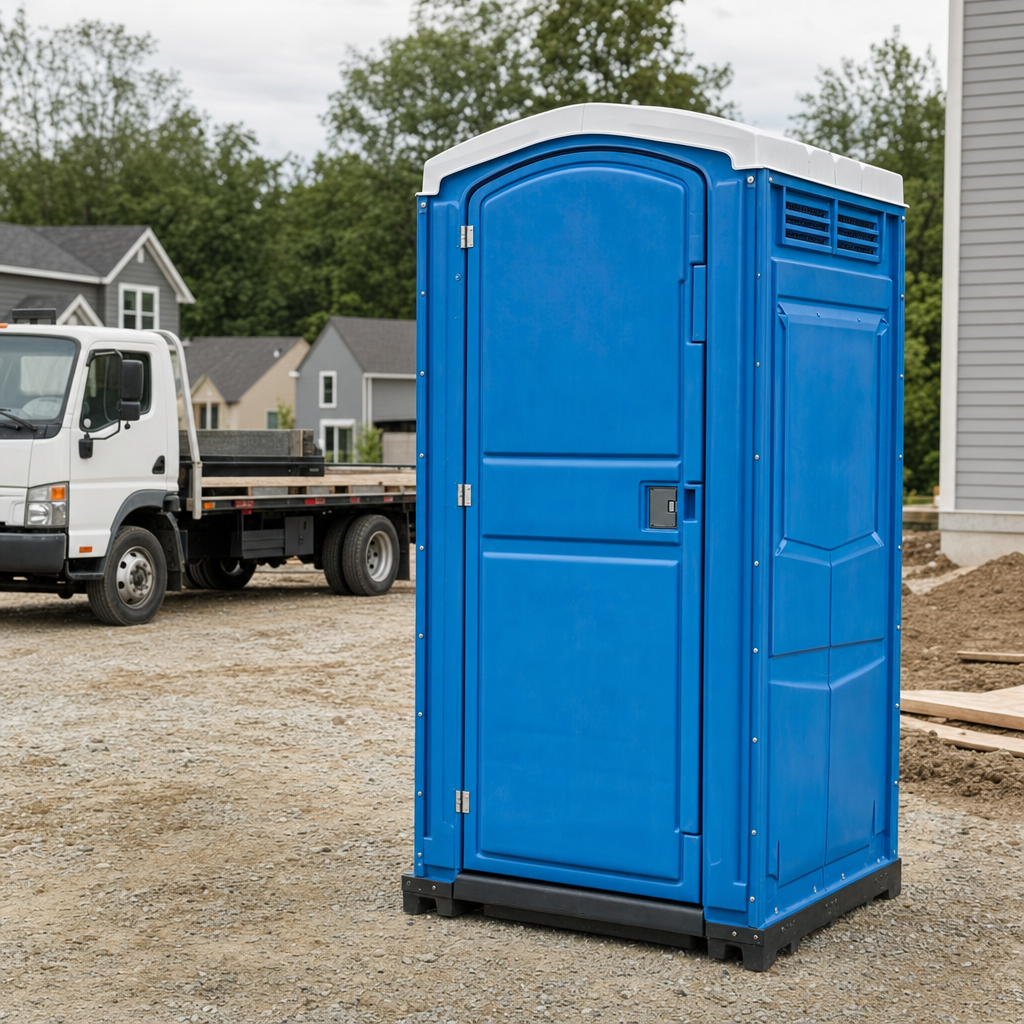 Delivery driver positioning a clean royal-blue portable toilet on level ground at a Birmingham worksite