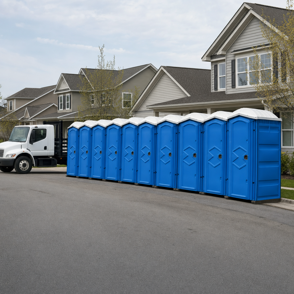 Royal blue portable toilets staged in a tidy row at a Birmingham jobsite, ready for delivery